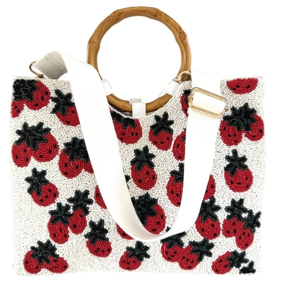 NWT Sol Mer Beaded Strawberry Crossbody Bamboo Handle Bag - Picture 2 of 10